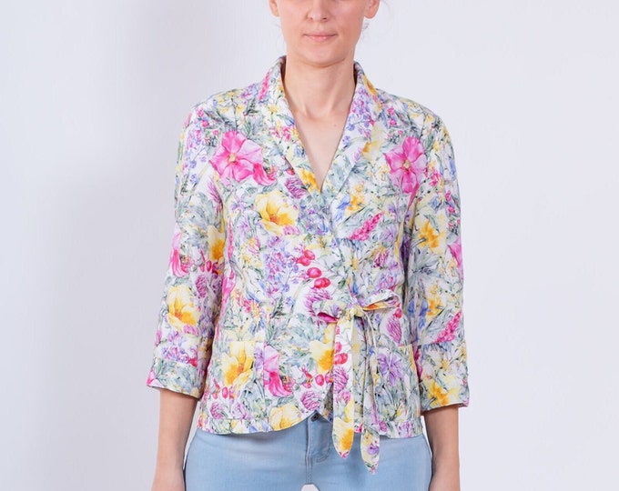 LinenBuy Pure Linen Blazer, Flowers & Rose Hips, three-quarter sleeves, fastening with belts, two pockets