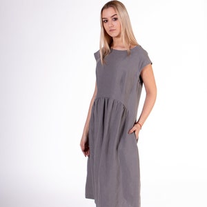 LinenBuy Pure 100% linen dress. Dove gray color. Midi stylish, light-fitting dress from washed linen. Medium length dress with 2 pockets. image 1