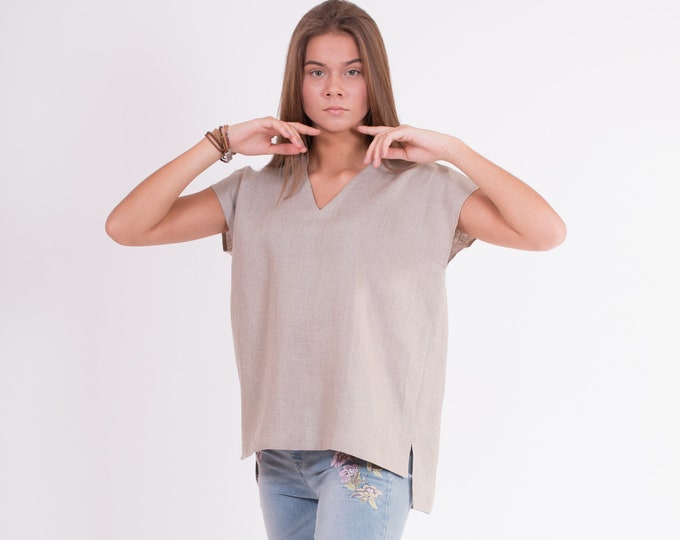 LINEN Blouse Not-dyed, natural linen color Sleeveless blouse from light weight stone washed fabric