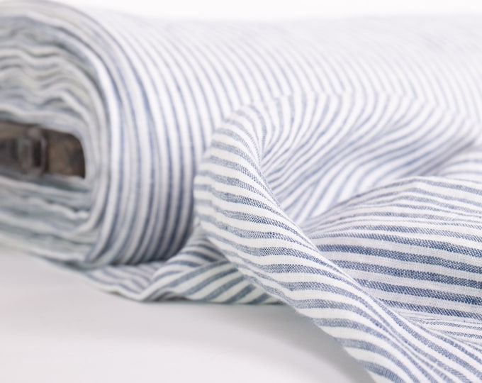 Pure 100% linen fabric Off-white blue striped dense, durable, light weight, washed Organic fabric for clothes, wedding arch, garland, masks
