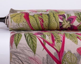 Floral Print Linen Fabric: Organic Medium Weight, Off-White Base