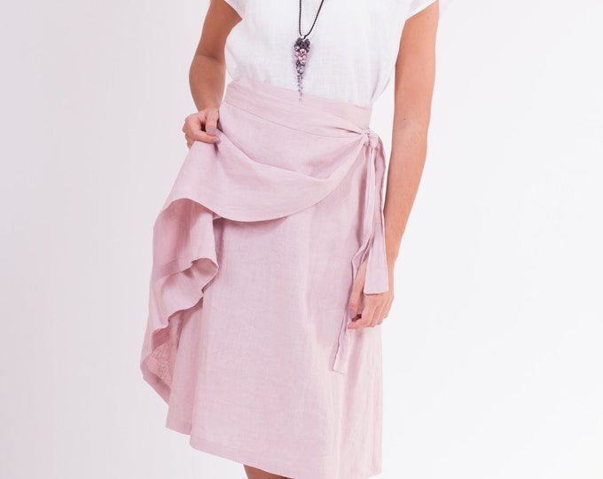 LinenBuy Linen Skirt Wrap-inspired,  apron-type, with a belt and pocket at the sides skirt made from washed pure linen fabrics