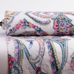 100% Linen Digital Print Fabric. Eco-Friendly Linen Printed Fabric for Crafting. OEKO-TEX Certified Whimsical fabric with Paisley Pattern