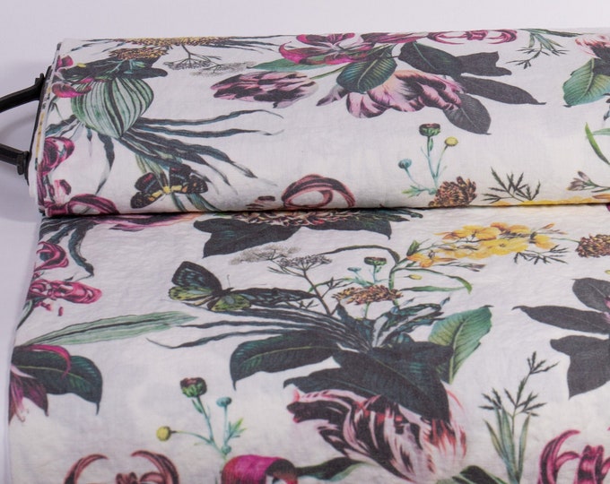 Pure 100% linen fabric. Floral digital print fabric UTOPIA white Design: MP416-01 Apparel linen fabric medium weight, washed, softened