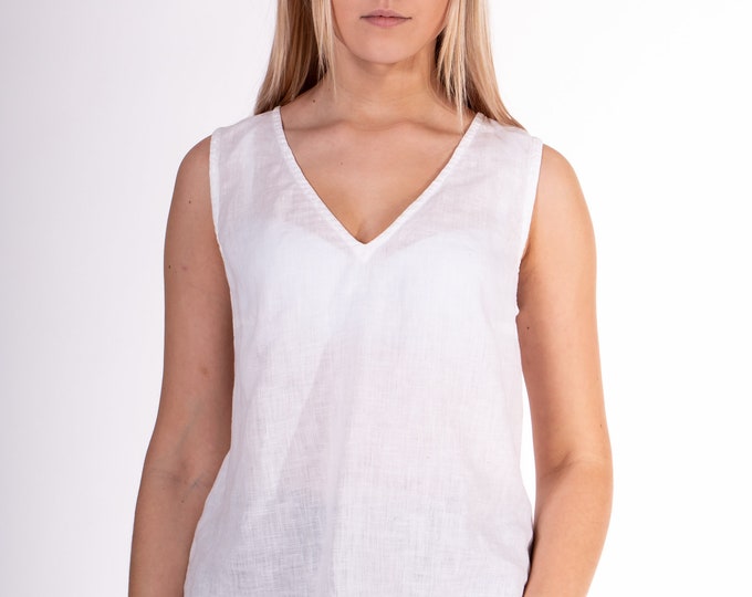 Linen Blouse, Linen top, White linen Blouse for women, V-neck sleeveless blouse,