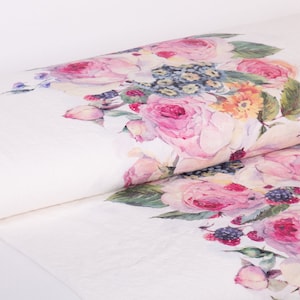 LinenBuy Pure 100% linen fabric Digitally Printed Roses, Edelweiss, Berries, Design: M2-0164-0100 medium weight, softened linen fabric