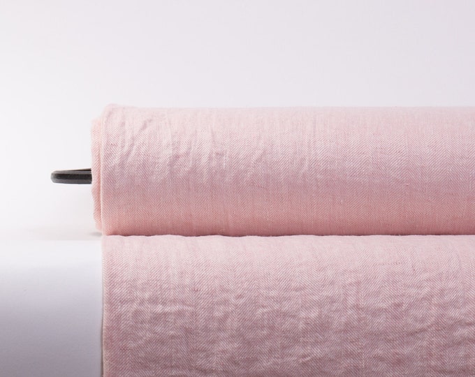 LinenBuy Pure 100% linen fabric Pink Herringbone pattern. Linen Fabric washed, softened. For clothing and home decor.