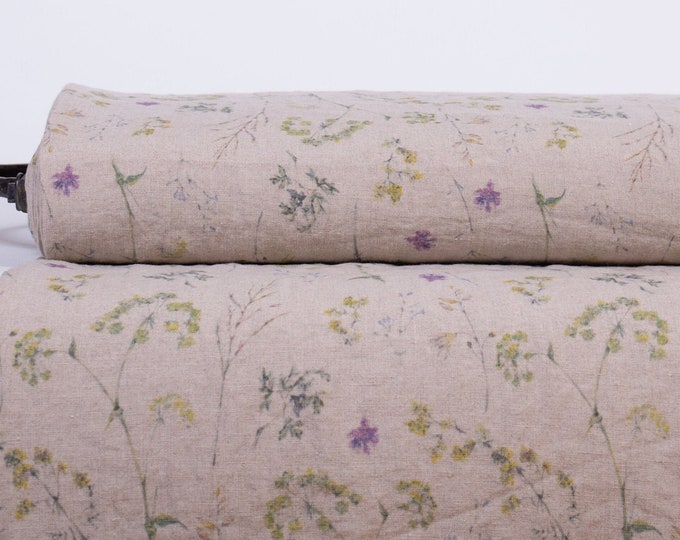 Pure Linen Fabric with Summer Meadow Design. Dressmaking fabric. Fast Shipping to Multiple Countries
