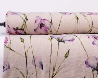 LinenBuy Pure 100% Linen Fabric California Poppy Natural Digitally Printed Medium Weight Washed by The Yard M2-0237-0175