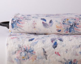 LinenBuy Digital printed 100% linen fabric Chrysanthemum print off-white  base Color code M2-0159-0106 Fabric by the yard  washed