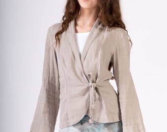 LinenBuy Pure Linen Blazer, an outer garment extending either to the hips, long sleeves, fastening with belts down the front, two pockets