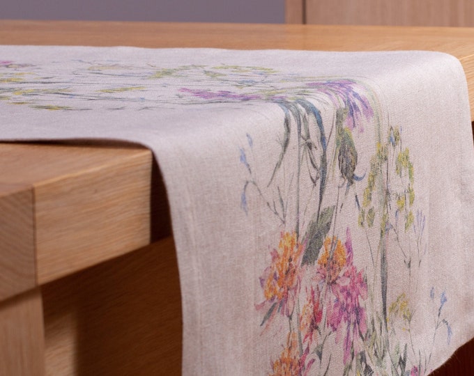 Linen Table Runner Digital Printed Meadow Braid Custom Size Wedding Runner, Handmade Table Runner Washed Mitered Corner, Table Decoration