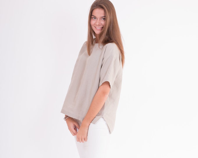 LINEN Blouse Warm Sand color Short Sleeve blouse from light weight stone washed fabric
