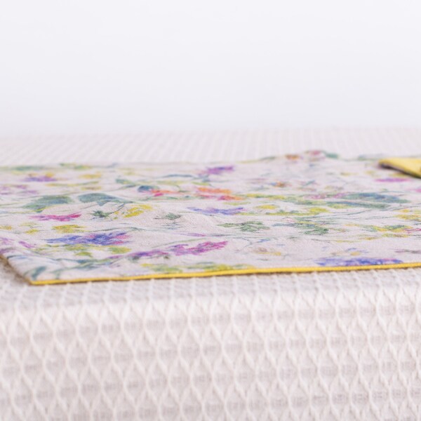 Linen Placemats Double Side. Top Side Pattern Flowers Fiesta Other Side Yellow.  Placemats Rectangular Handcrafted in Europe