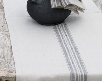 Striped Natural Linen Table Runner - Heavyweight, Rustic Style.