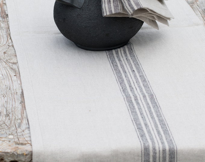 Striped Natural Linen Table Runner - Heavyweight, Rustic Style.
