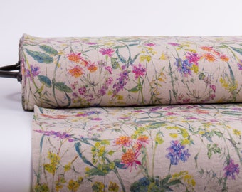 LinenBuy Pure 100% linen fabric digital printed. Summer FLOWERS FIESTA base Not-dyed medium weight, linen fabric Code M2-0189-0257