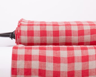 Linen fabric 200gsm medium weight, Pure 100% Red and not- dyed Gingham check, washed and softened,