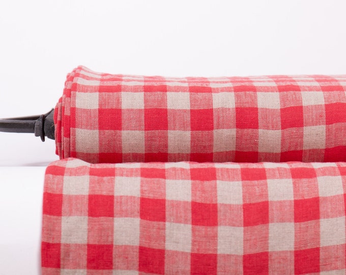 Linen fabric 200gsm medium weight, Pure 100% Red and not- dyed Gingham check, washed and softened,