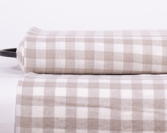 Pure 100% Linen fabric  200gsm Gingham check White and Not-dyed, Pre-washed, Natural fabric for clothing, home textile, table ware