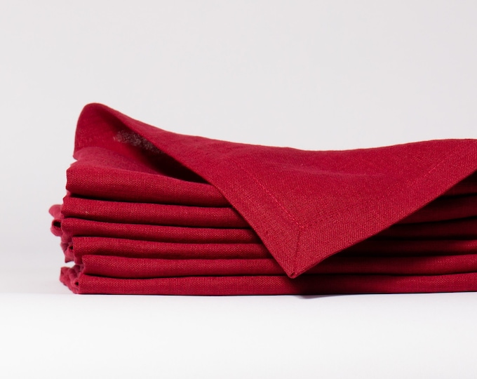 Linen napkins with Mitered Hem SET 4, 6, 8, 12 Berry red and more others colors,  Pre-washed 100% linen napkins, Handmade pure line napkins