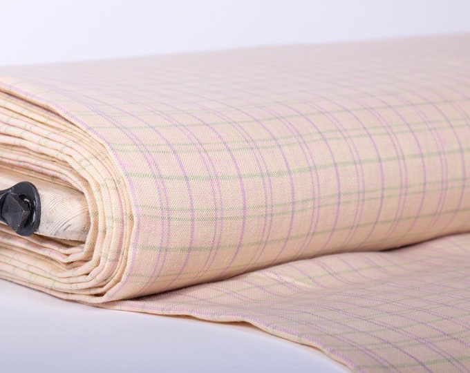 Pure linen fabric 200gsm the yellow base with green and light pink checks For sewing clothing, bedding, curtains, baby linen