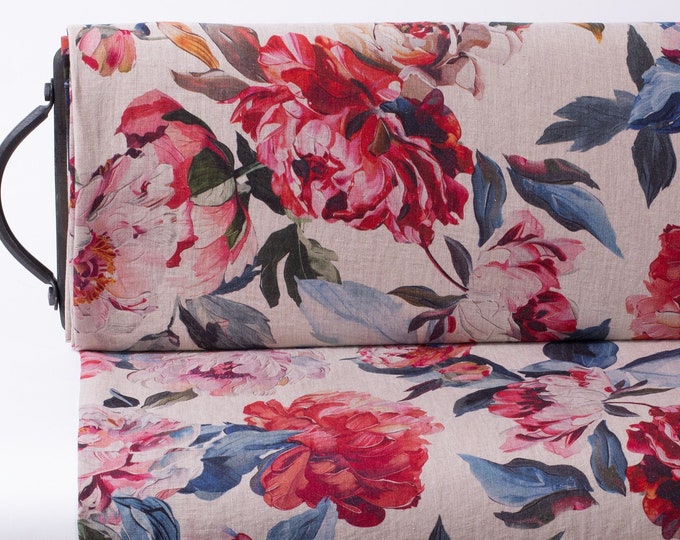 French Linen Fabric with Maison de Fleurs Print, Perfect for Sewing, Yardage Available