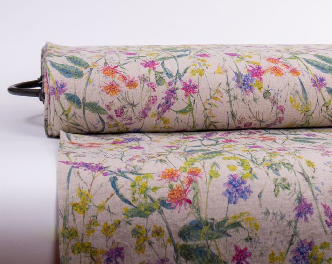 LinenBuy Pure 100% linen fabric digital printed. Summer FLOWERS FIESTA base Not-dyed medium weight, washed, linen fabric Code M2-0189-0257