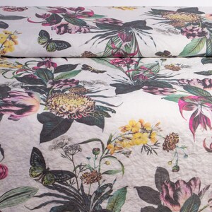 Pure 100% linen fabric. Floral digital print fabric UTOPIA white Design: MP416-01 Apparel linen fabric medium weight, washed, softened