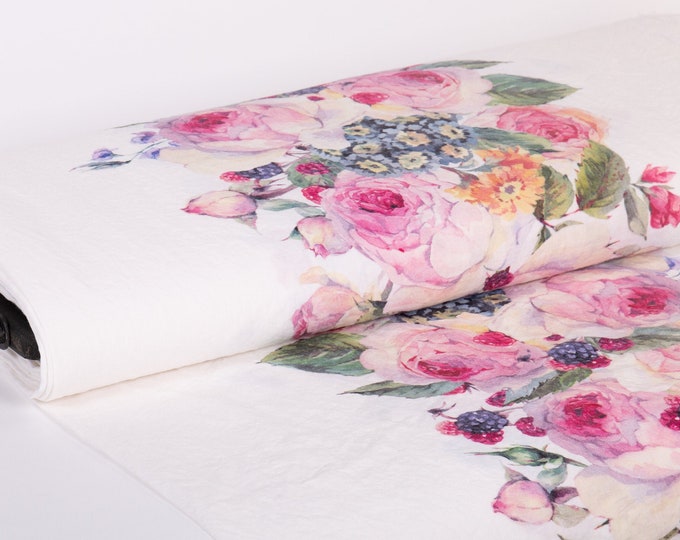 LinenBuy Pure 100% linen fabric Digitally Printed Roses, Edelweiss, Berries, Design: M2-0164-0100 medium weight, softened linen fabric