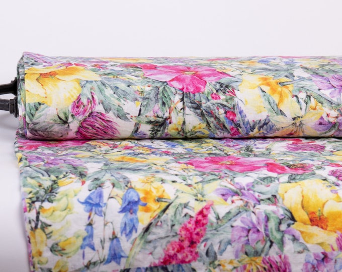 Linen Fabric with Digitally Printed Summer Flowers, Yellow and Pink Wild Roses