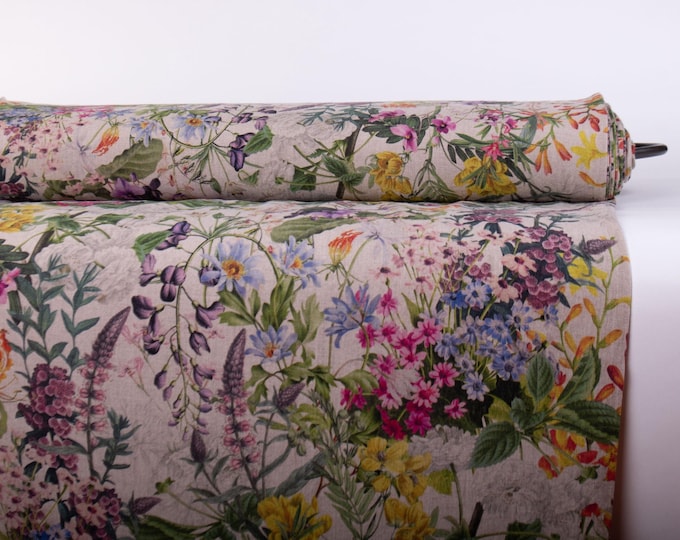LinenBuy Pure 100% Linen Fabric Summer Floral Natural Washed by The Yard M2-0210-0195