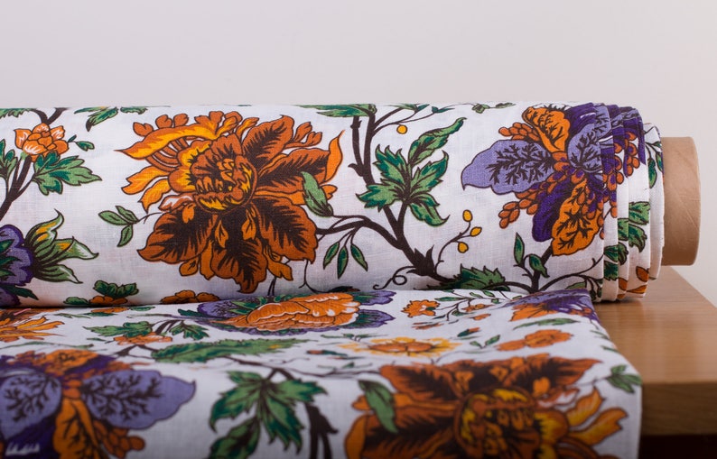 LINEN FABRIC 205gsm Bright summer flowers linen fabric Pure Etsy