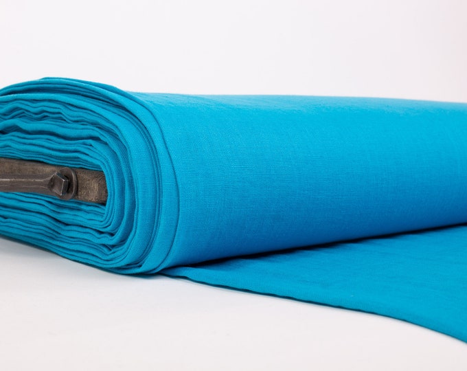 Azure Blue 100% Pure Linen Fabric - Medium Weight, Pre-Washed, Durable for Sewing & Tablecloths By The Yard