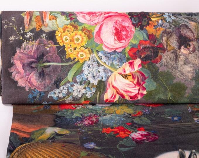 LinenBuy Pure 100% Linen Fabric Roccoco Style. Vintage Floral Linen Fabric for DIY Projects