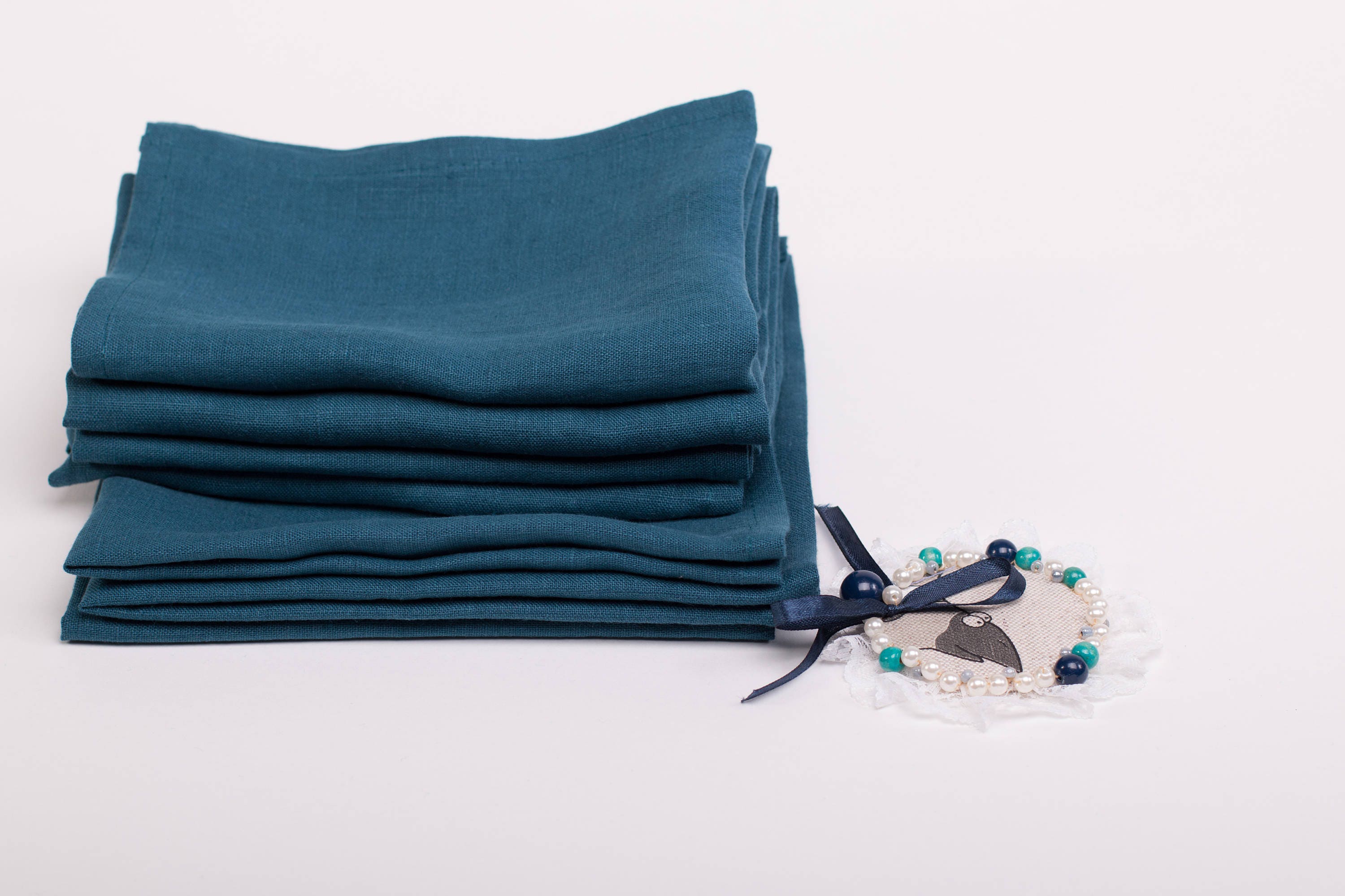 LINEN NAPKINS SET 6 Teal blue Washed 100 linen napkins