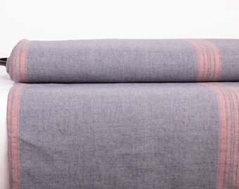 Pure 100% linen fabric very heavy weight Upholstery Washed linen fabric Dark Gray/Red striped linen fabric; Organic Rustic fabric