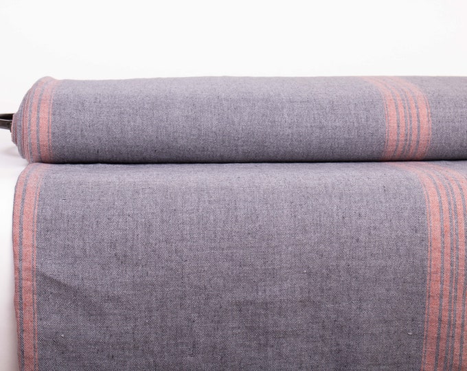 Pure 100% linen fabric very heavy weight Upholstery Washed linen fabric Dark Gray/Red striped linen fabric; Organic Rustic fabric