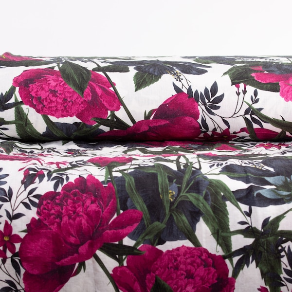 Peonies Printed Linen Fabric: Floral Dressmaking Material