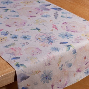 Organic Linen Table Runner: Modern Floral Print, Mitered Edges