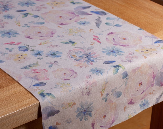 Linen Table Runner Digital Printed Vintage Flowers Wedding Runner Handmade Table Runner Washed Mitered Corner, Table Decoration