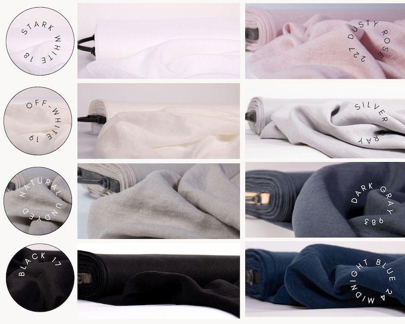 May include: A collection of fabric bolts in various colors including stark white, off-white, natural undyed, black, dusty rose, silver gray, dark gray, and midnight blue. Each fabric swatch is labeled with its color name and a corresponding number.