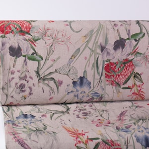 Floral Printed Linen Fabric: Medium Weight, Washed Finish