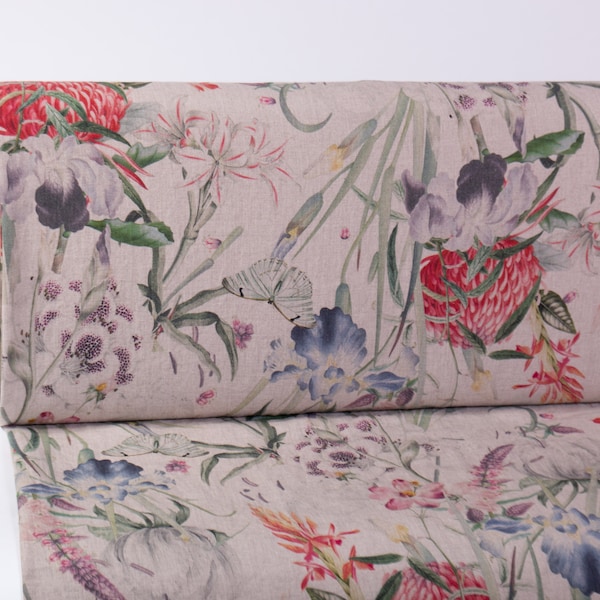 Tecido de linho com estampa floral: peso médio, acabamento lavado