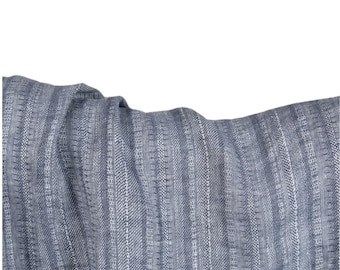 100% Pure Linen Fabric by the Yard: Blue-Grey & White Vertical Striped Linen. Soft Washed Vertical Striped Linen