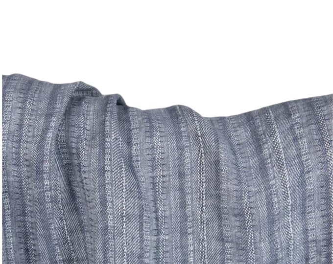 100% Pure Linen Fabric by the Yard: Blue-Grey & White Vertical Striped Linen. Soft Washed Vertical Striped Linen