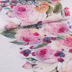 Floral Linen Fabric: Roses, Edelweiss & Berries Print - Softened Medium Weight