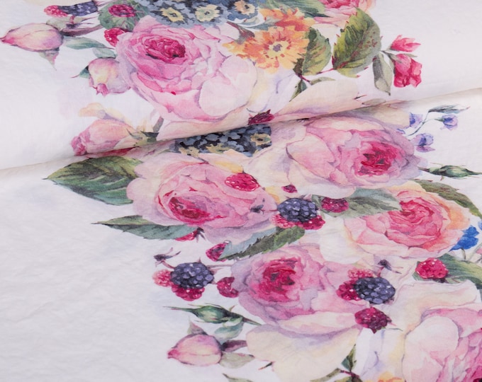 Floral Linen Fabric: Roses, Edelweiss & Berries Print - Softened Medium Weight