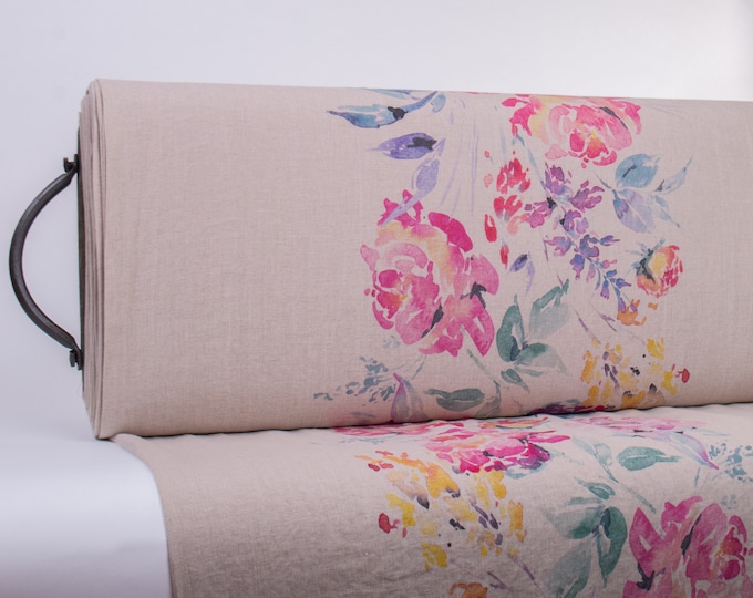 Aquarelle Rose Linen Fabric: Digitally Printed Medium Weight - Sold by The Yard
