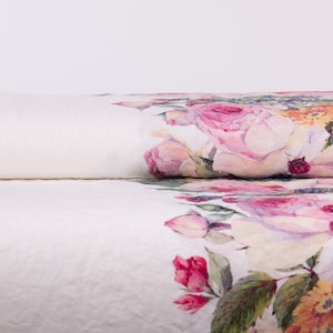 LinenBuy Pure 100% linen fabric Digitally Printed Roses, Edelweiss, Berries, Design: M2-0164-0100 medium weight, softened linen fabric